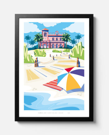 Illustrated poster of Villa Elisabetta in Poetto, Cagliari, featuring a pink liberty villa, beach umbrellas and Mediterranean summer atmosphere
